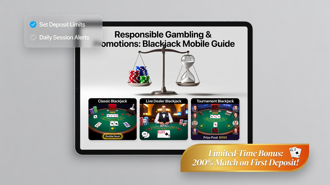 Mobiele blackjack interfaces met verantwoord goktools en promotionele banners in diverse spelformaten