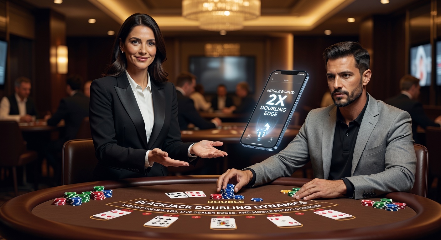 Speler die verdubbelt bij een blackjacktafel met kaarten en fiches in een live casino setting