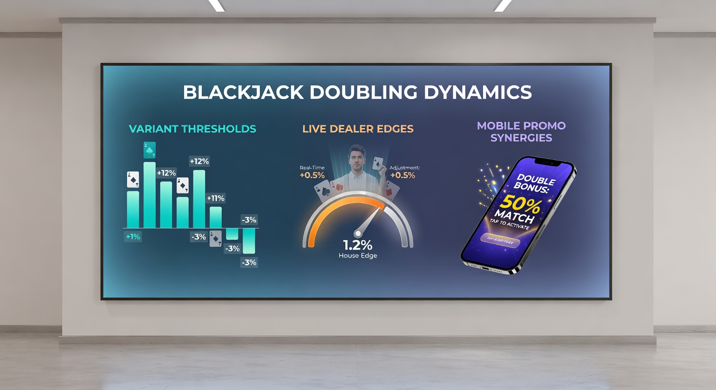 Mobiele blackjack app met verdubbel knop, live dealer stream en promotie banner op smartphone scherm