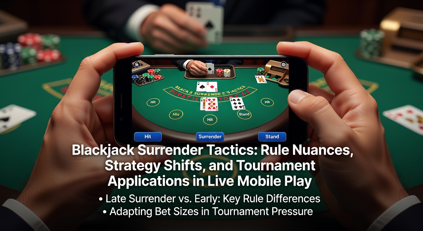 Blackjacktafel met surrender-optie in actie tijdens een live mobiele sessie, spelershand met 16 tegen dealer-as