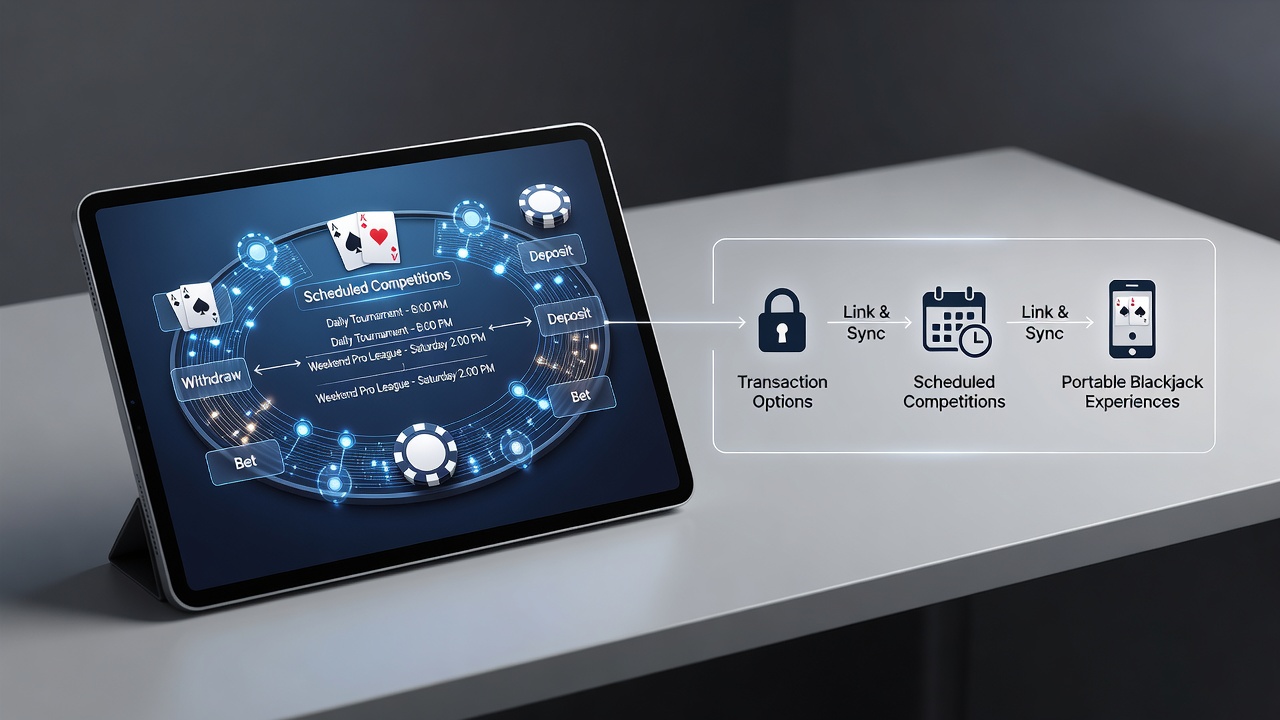 Mobiele blackjack app met transactieopties en toernooischema's op een tablet scherm