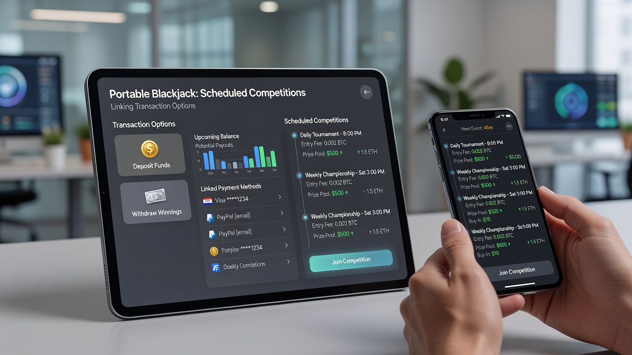 Gebruiker die een transactie uitvoert in een mobiele blackjack toernooi app met competitieplanning