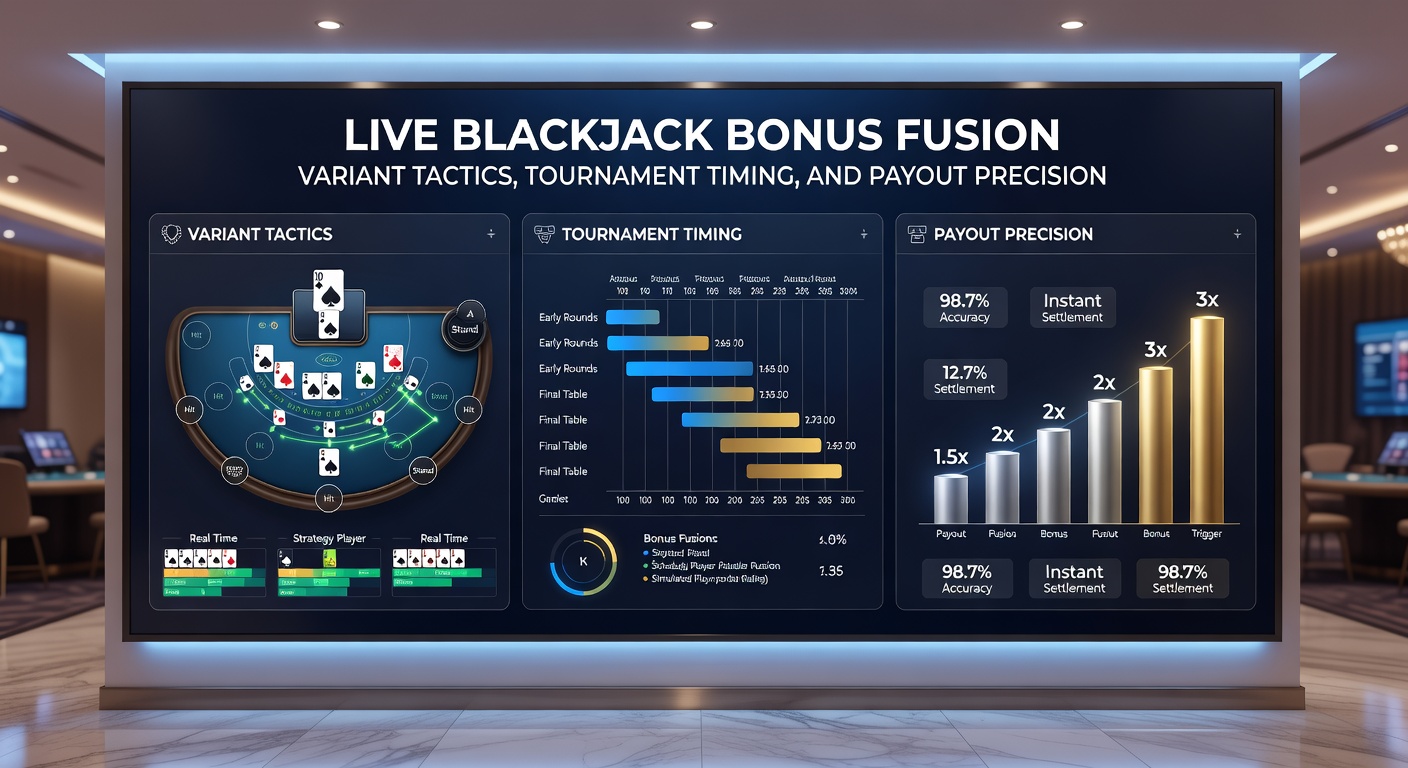 Close-up van een live blackjack toernooi met tactiekborden, bonus indicators en precise payout displays