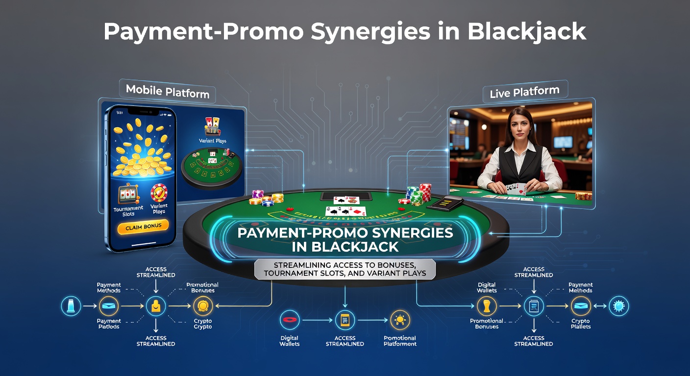 Grafiek die de integratie van snelle betaalopties met blackjack-promoties illustreert, met pijlen van deposits naar bonussen en toernooien