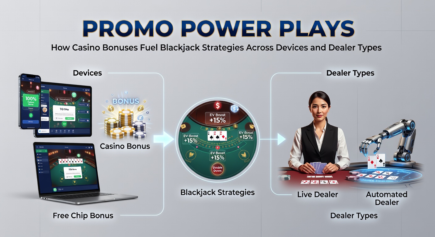 Vergelijking van blackjack interfaces op smartphone, tablet en desktop met overlay van bonusbalken en dealeropties, illustrerend cross-device strategieën