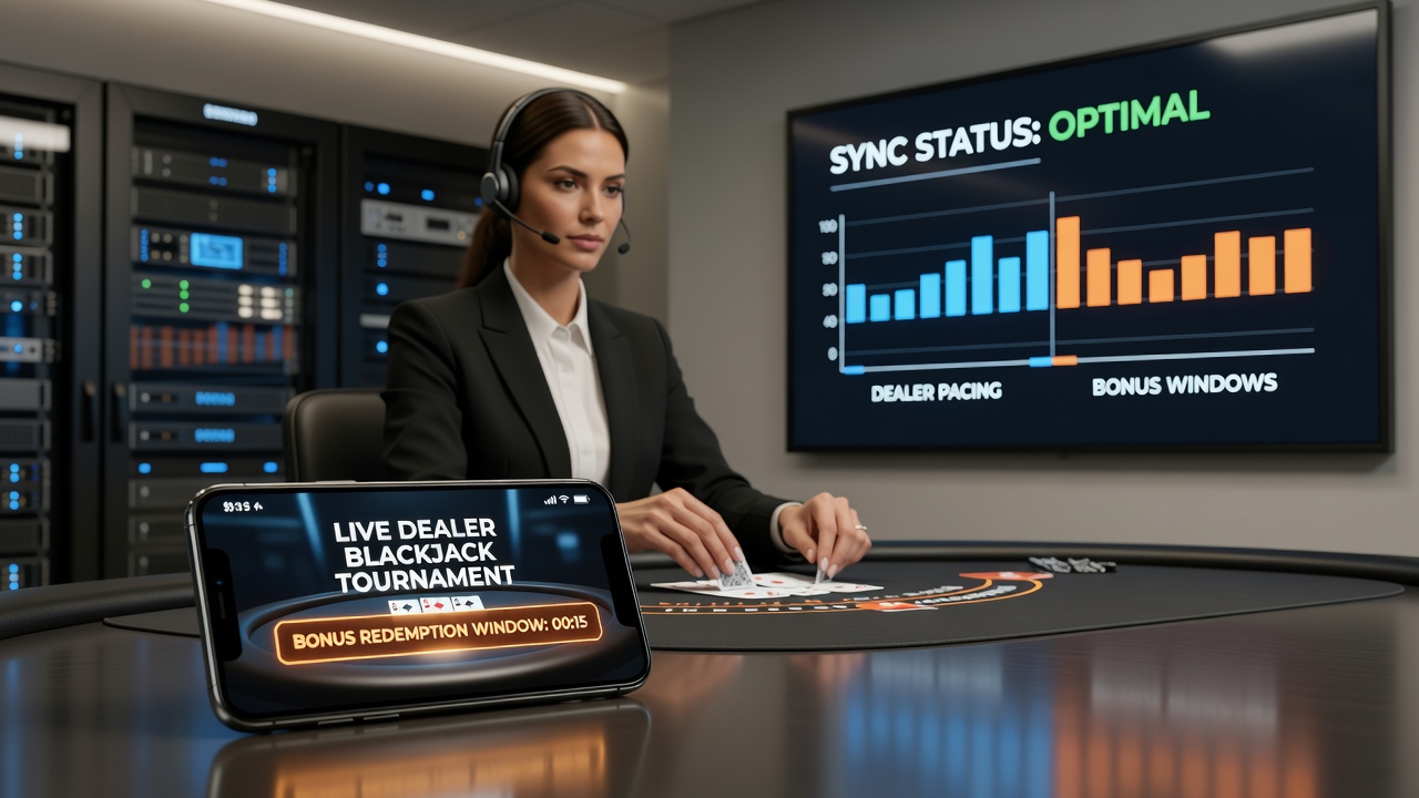 Mobiele blackjack toernooi interface met live dealer en bonus timer