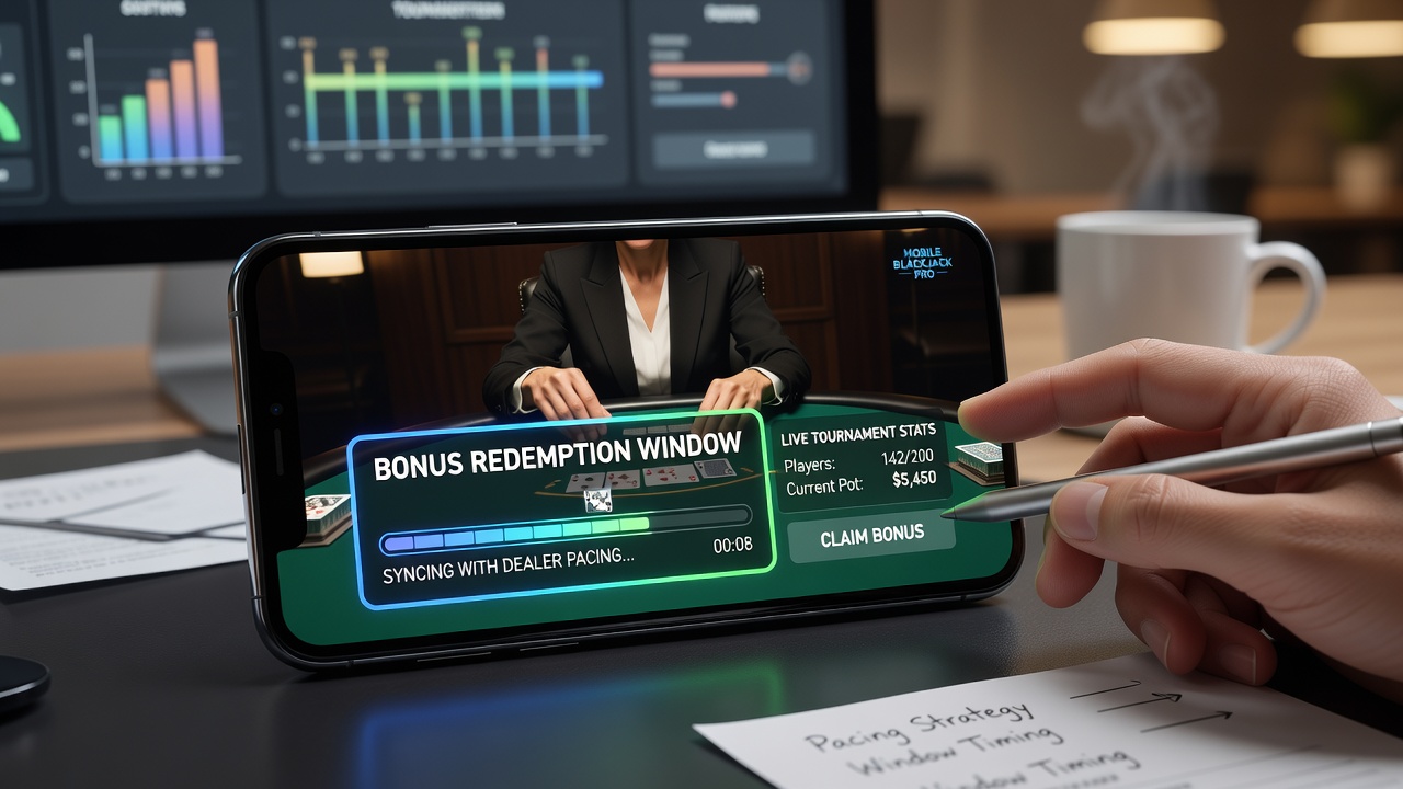 Close-up van mobiele app met gesynchroniseerde bonus timer en live blackjack tafel