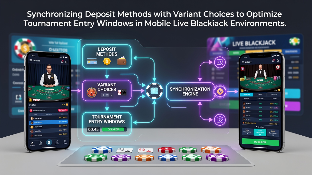 Mobiele live blackjack interface met stortingsopties en variantselectie voor toernooien